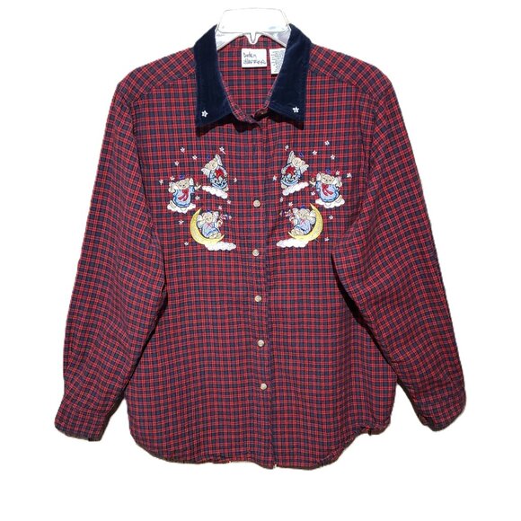 Bobbie Brooks Tops - Bobbie Brooks L Top Blouse Christmas Plaid Red Blue Angels Bears Vintage
